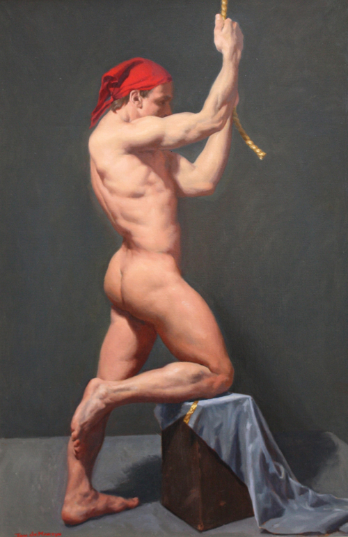 Male Nude With Red Bandanan Puilling A Rope