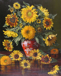 sunflowers in crimson vase