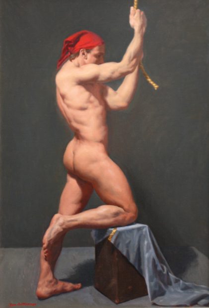 Male Nude With Red Bandana Pulling A Rope