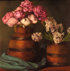 Hyacinth and Peonies in Italian Grain Barrel
