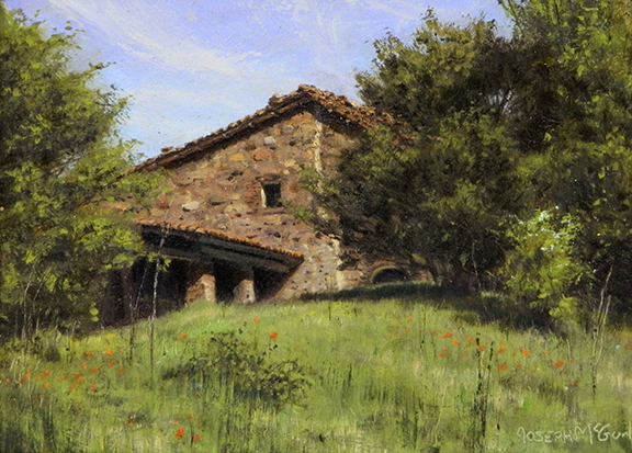 Plein Air, Looking Up The Hill With Poppies and Farmhouse